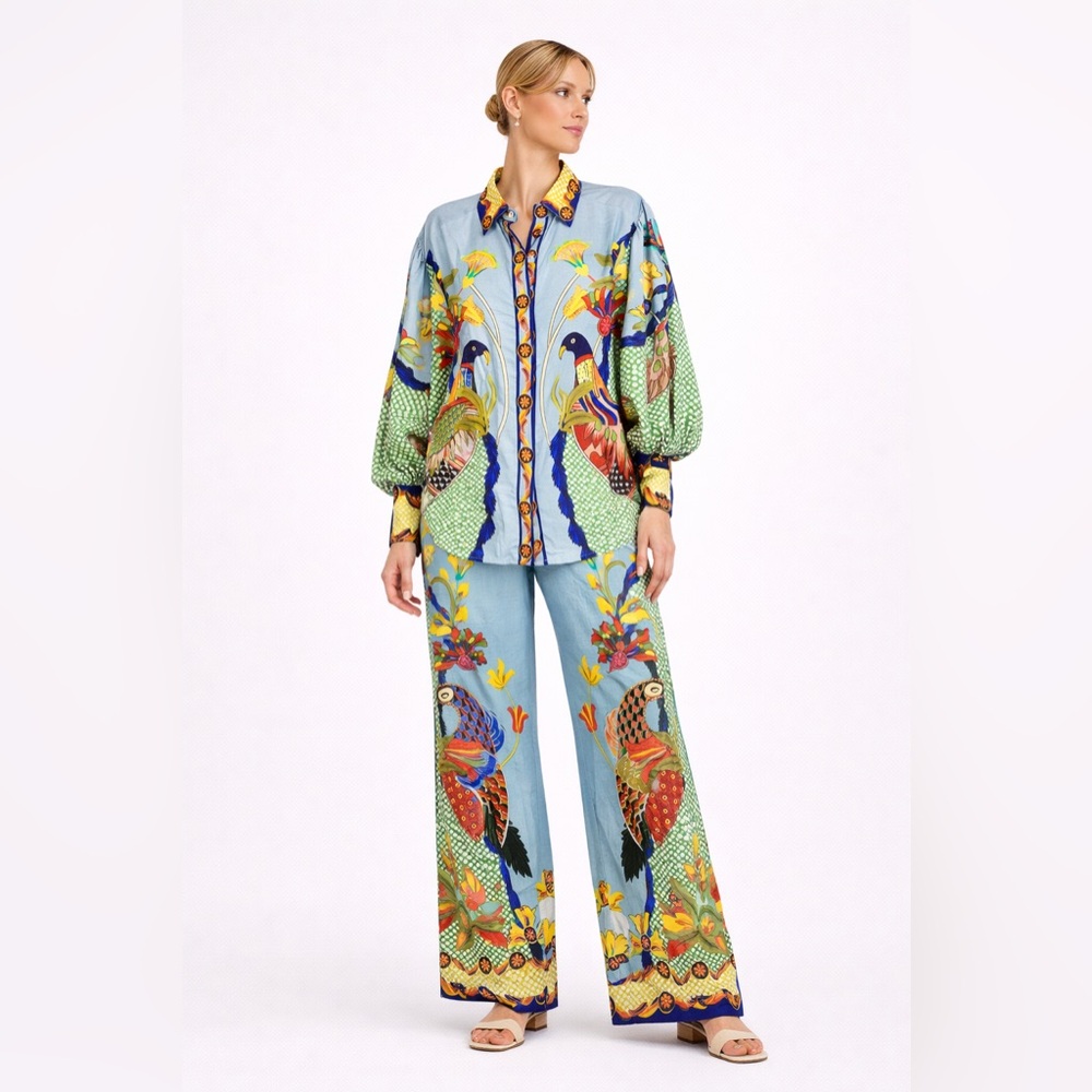 Peacock Floral Print Linen Blend 2 Piece Set Shirt and Wide Leg Pants Blue Large